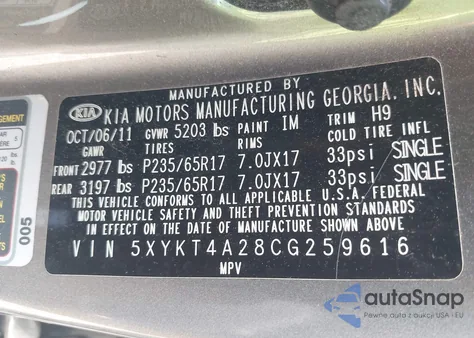 2012 Kia Sorento Lx from USA, damaged, VIN 5XYKT4A28CG259616